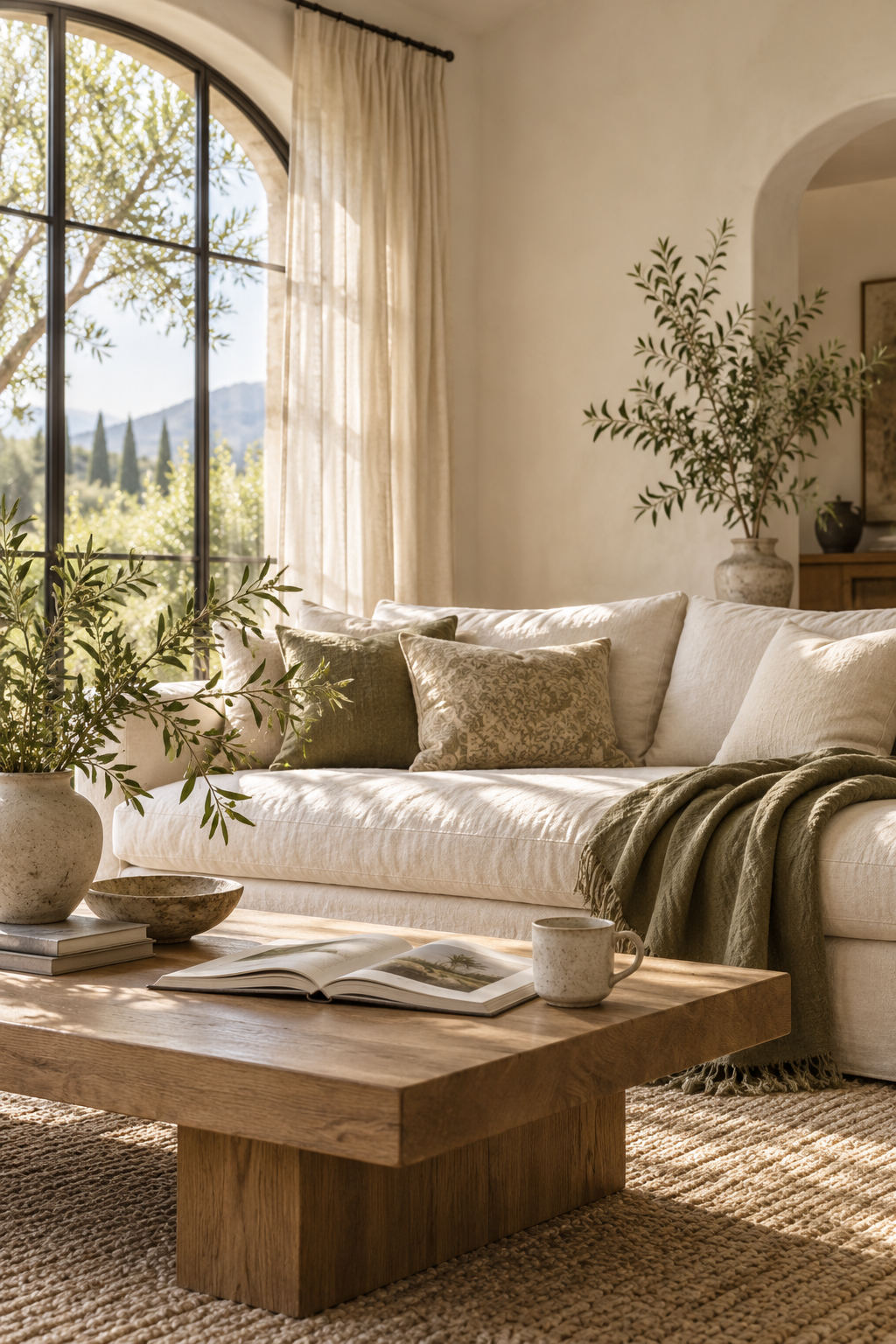 An airy living room with a linen sofa, olive throw, and an oak table in morning light