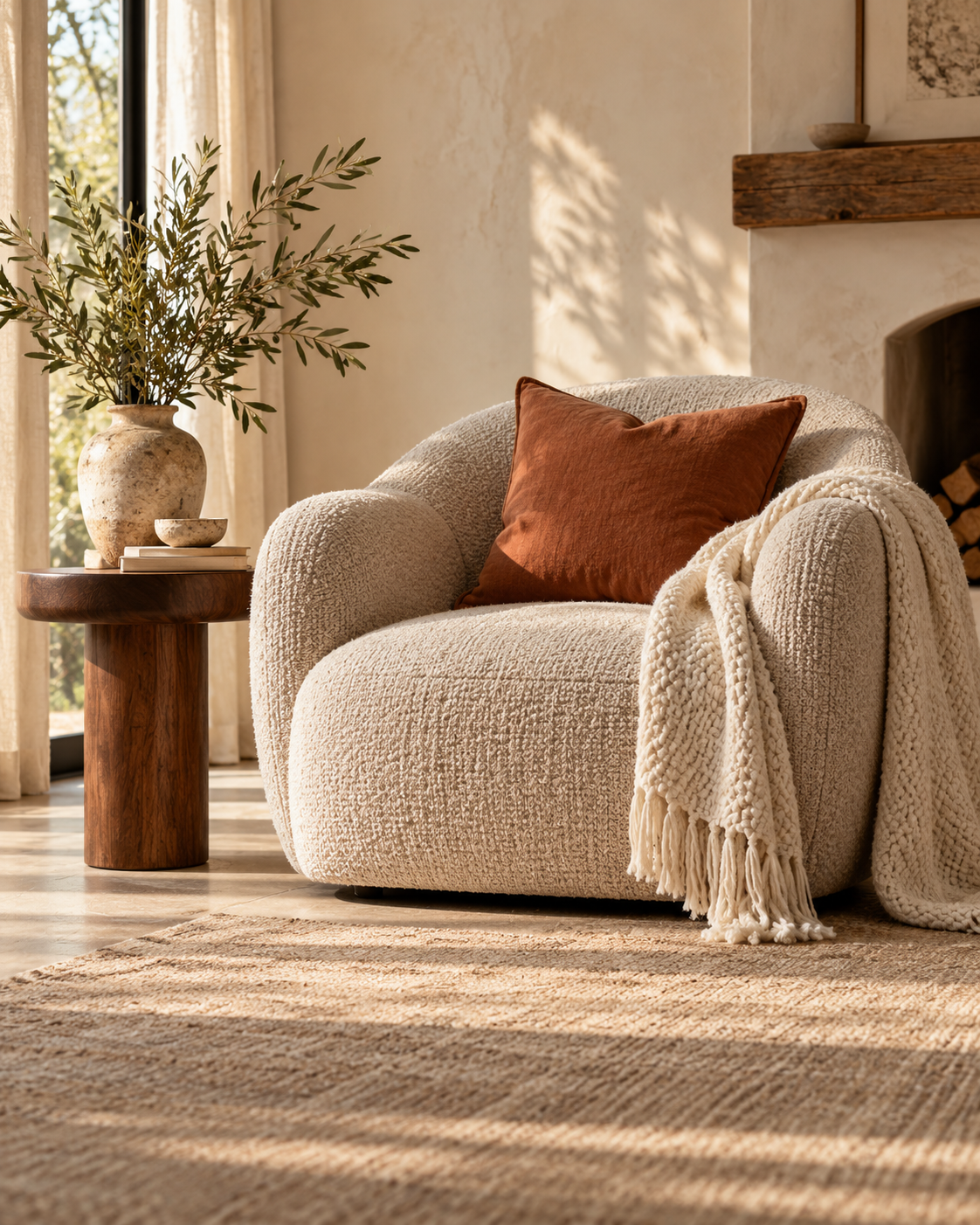 Textured armchair with an ivory throw and terracotta cushion