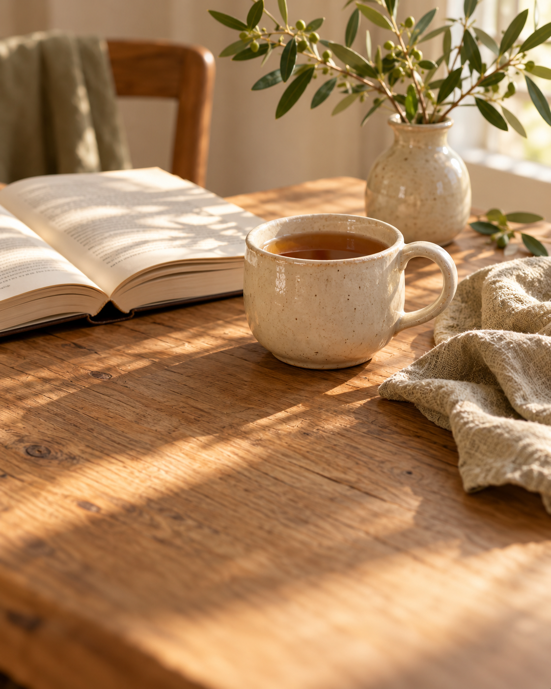 Ceramic tea cup, open book, and linen on an oak table