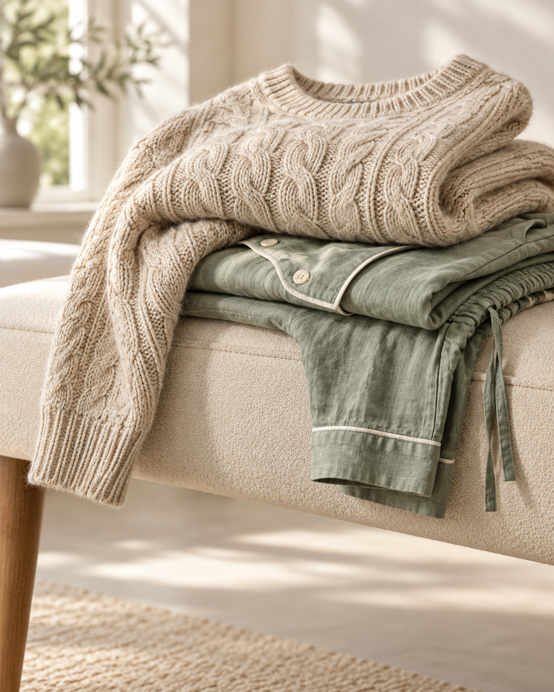 Oatmeal knitwear and sage linen pajamas on a soft bench